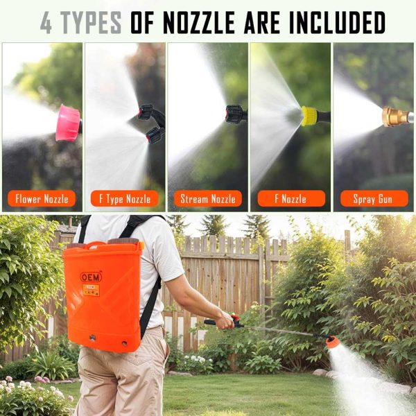 Person using 16L battery operated sprayer with 4-type nozzle for efficient spraying