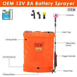 Detailed parts of the 16L battery sprayer with labels showing names of each component
