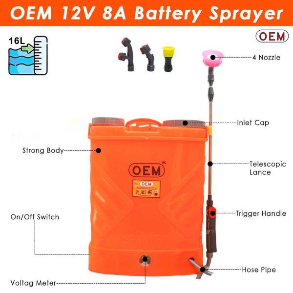Detailed parts of the 16L battery sprayer with labels showing names of each component
