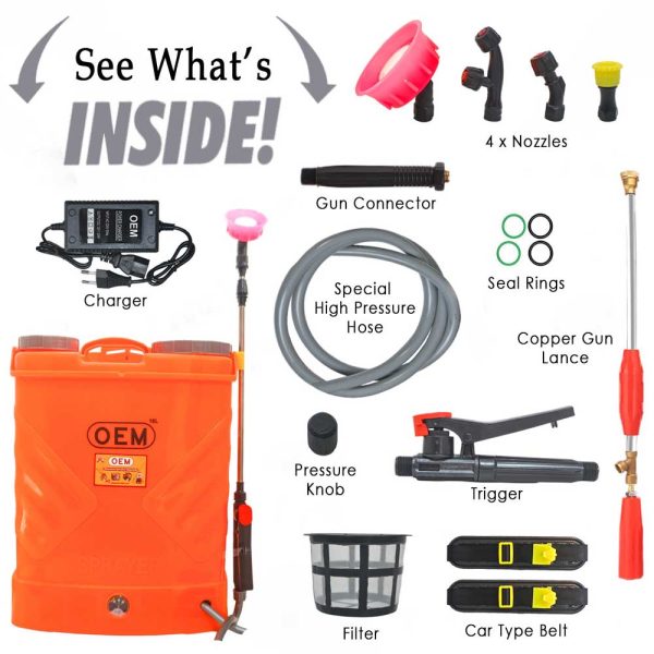 Accessories of 16L Agriculture Battery Sprayer including copper gun, charger and spray nozzles