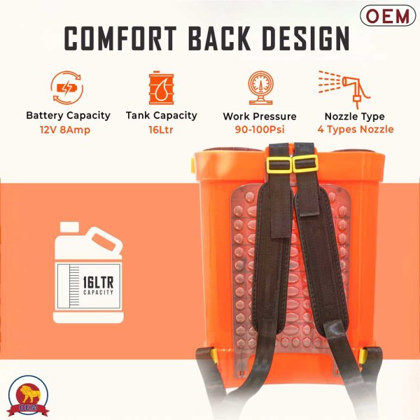 OEM 16L agriculture battery sprayer showing comfortable back design for easy carrying