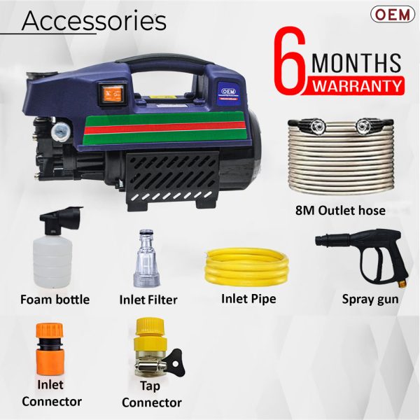 Complete pressure washer accessories including spray gun, nozzles, and 8m steel pipe for deep cleaning