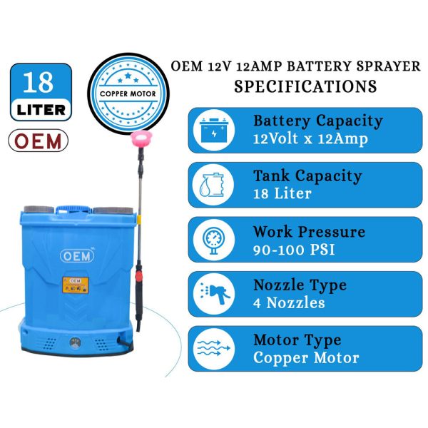 Specifications of OEM 12V12A 18L Battery Operated Knapsack Sprayer