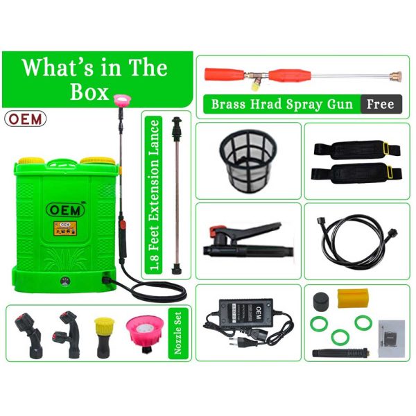 What’s in the box – OEM YUVA Double Motor 20L Battery Operated Knapsack Sprayer 12V14A with Copper Gun, 4 Nozzles, Charger, Belt, Hose Pipe, Filter and Accessories