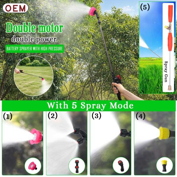 Spray modes of OEM YUVA Double Motor 20L Battery Operated Knapsack Sprayer 12V14A – showing multiple nozzle spray patterns for agriculture and gardening