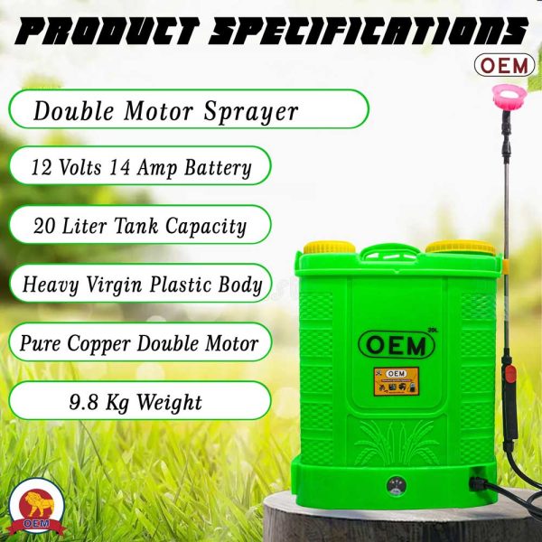 OEM YUVA Double Motor 20L Battery Operated Knapsack Sprayer 12V14A – shown product specification