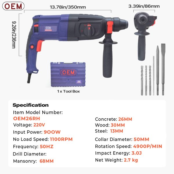 OEM Professional 26MM Rotary Hammer With 6 MONTHS Warranty 900 Watt 3 Mode Function Heavy Copper Motor R/F with Free 3 Drill bits and Two Chisel - Image 10