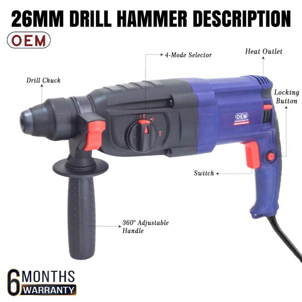 OEM Professional 26MM Rotary Hammer With 6 MONTHS Warranty 900 Watt 3 Mode Function Heavy Copper Motor R/F with Free 3 Drill bits and Two Chisel - Image 2