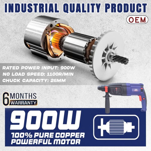 OEM Professional 26MM Rotary Hammer With 6 MONTHS Warranty 900 Watt 3 Mode Function Heavy Copper Motor R/F with Free 3 Drill bits and Two Chisel - Image 4