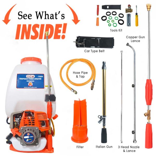 OEM 25L Backpack Power Sprayer Complete Kit including Engine, 25L Tank, Spray Guns, Hose, Nozzles, Belt, and Accessories