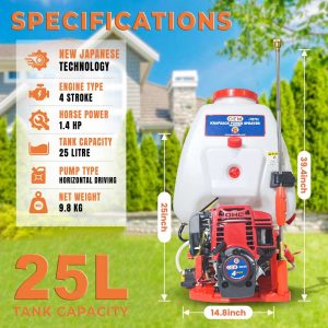 OEM 25L Knapsack Power Sprayer – Technical Specifications including 4-Stroke GX35 Engine, 25L Tank, 35cc Engine, Horizontal Pump, Spray Gun, and Power Output