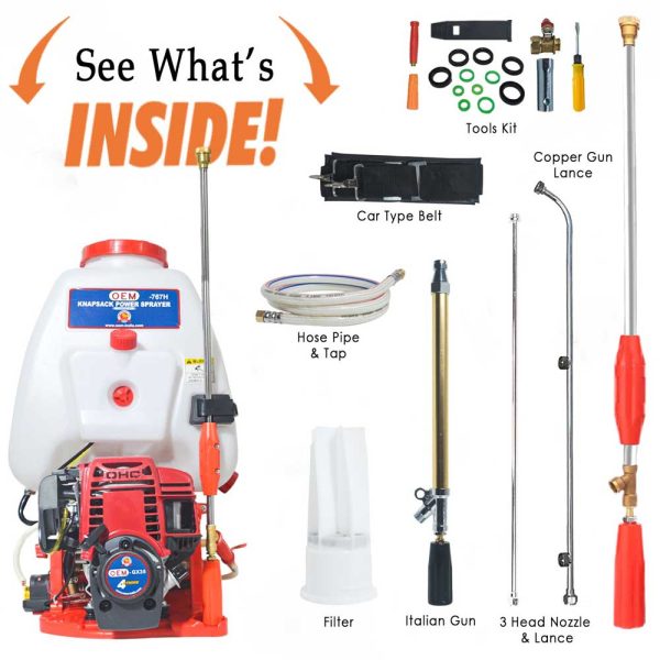 OEM 25L Knapsack Power Sprayer with 4-Stroke GX35 Engine – Complete Kit including tank, spray guns, hose, nozzle, Italian gun, straps, and accessories