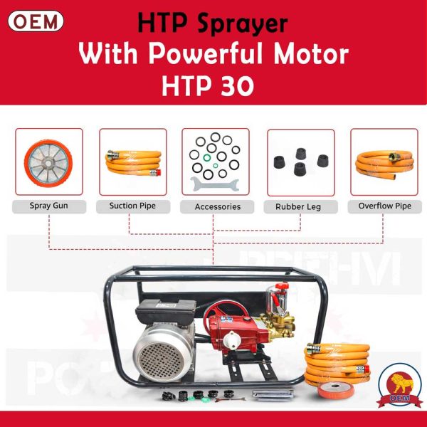 OEM HTP-30 Power Sprayer Pump with electric motor, spray gun, suction pipe, overflow pipe, brass regulator, and accessories in the box