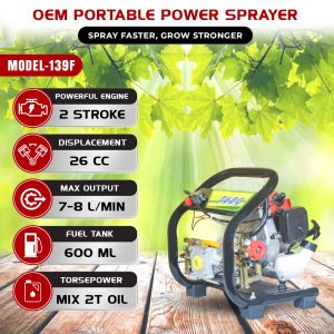 Specifications of OEM 26CC 2-Stroke Petrol Power Sprayer including Engine, Flow Rate, Hose and Accessories
