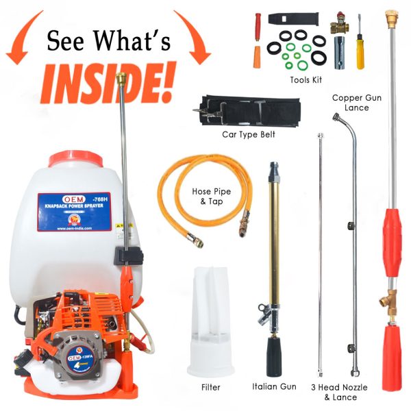 Box contents of OEM 25L Double Suction Power Sprayer (139F Engine) including copper lance, Italian gun, 3-head nozzle, hose pipe, tool kit, car-type belt, and filter.