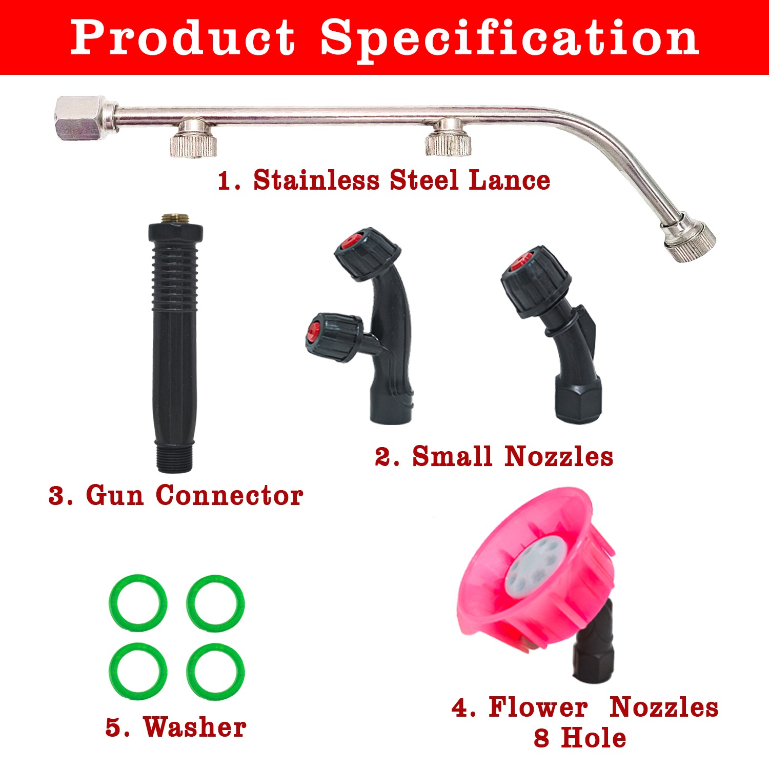 OEM Stainless Steel Sprayer Kit – 5-Piece Set with Small Nozzles, Gun Connector, Washer & 8-Hole Flower Nozzle – Garden & Cleaning Accessory - Image 2