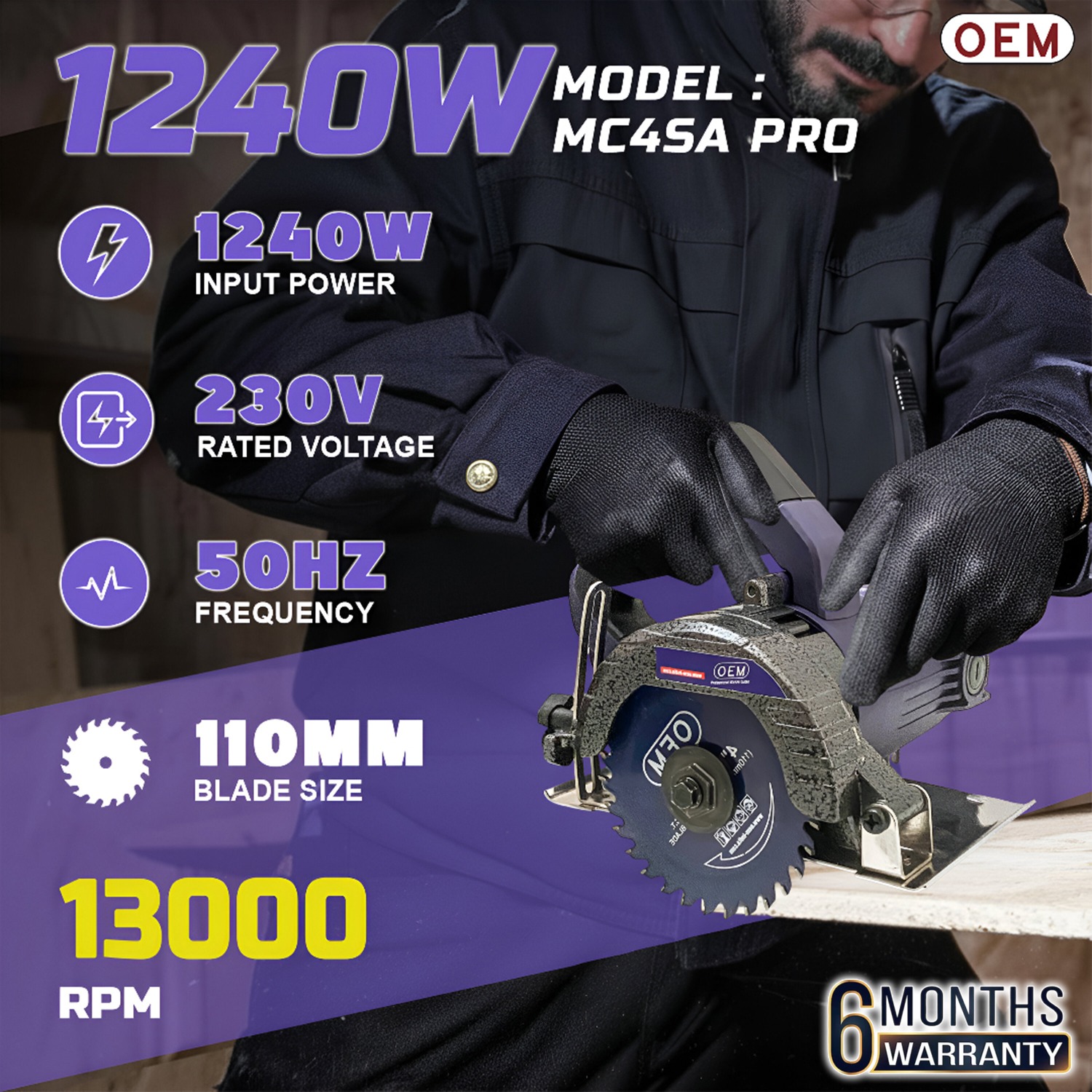 OEM Professional Marble Cutter 4-Inch 1240W | 13,000 RPM High-Speed Cutting Machine | 6-Month Warranty | Heavy-Duty Electric Cutter for Marble, Tile | CM4SAPRO (Blade Not Included) - Image 2