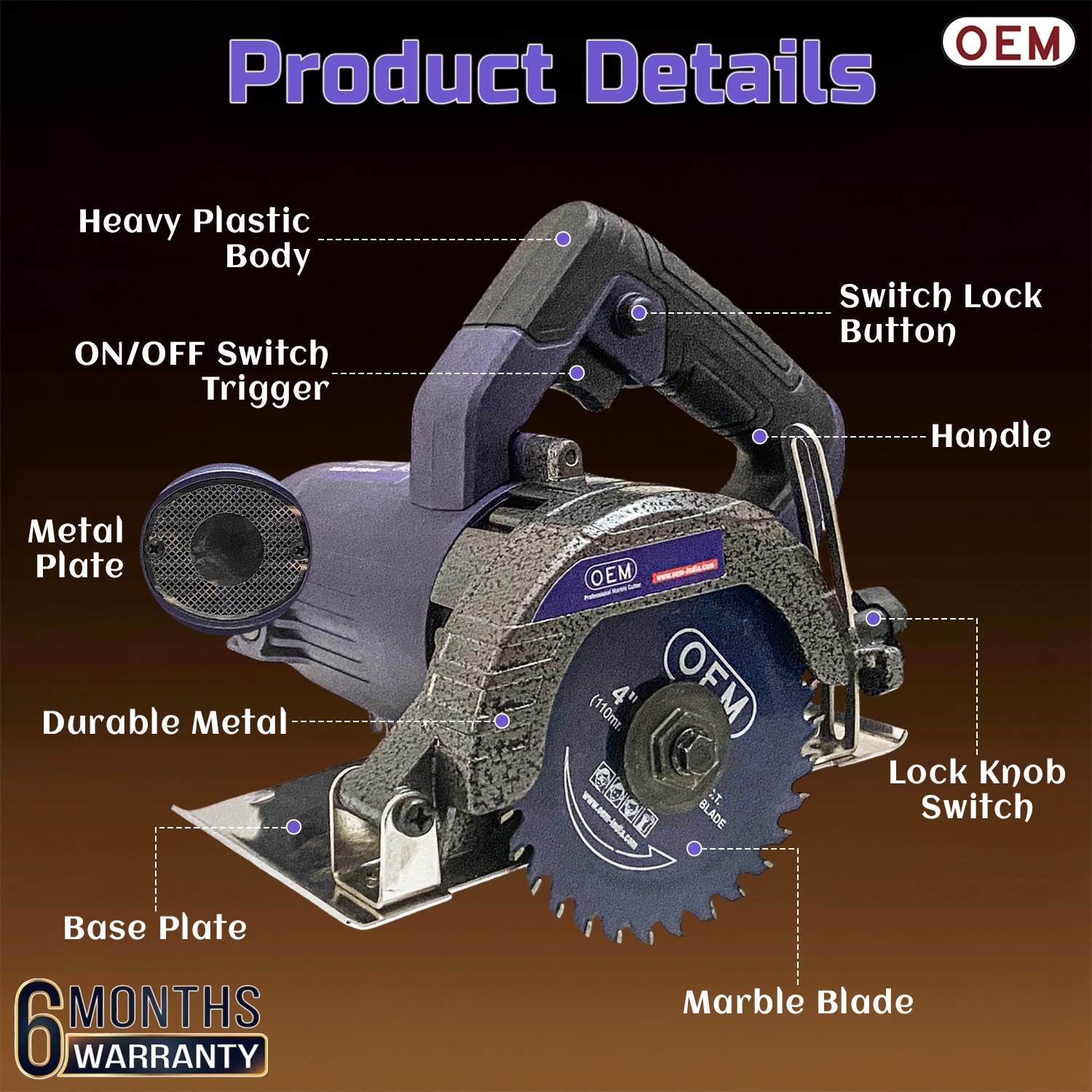 OEM Professional Marble Cutter 4-Inch 1240W | 13,000 RPM High-Speed Cutting Machine | 6-Month Warranty | Heavy-Duty Electric Cutter for Marble, Tile | CM4SAPRO (Blade Not Included) - Image 3