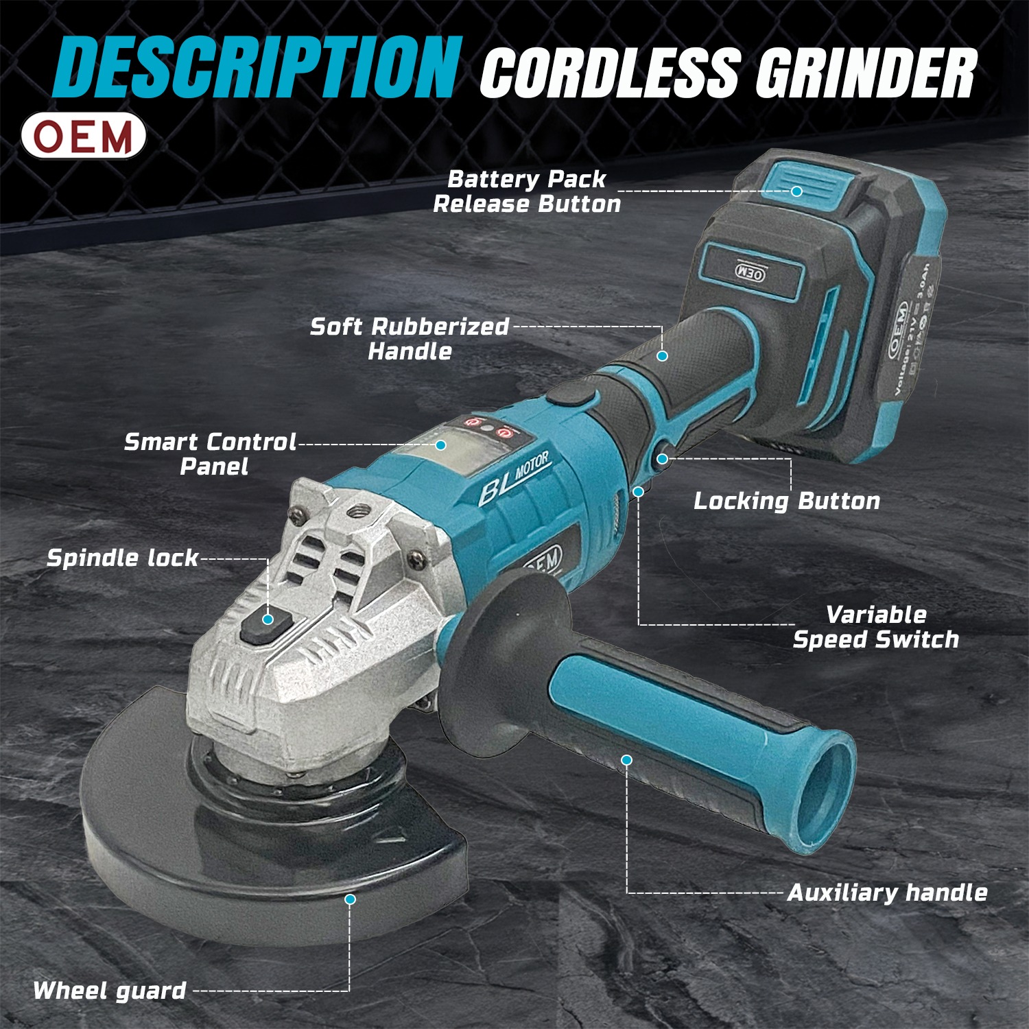 OEM 21V Cordless Angle Grinder, Brushless Motor, 8500 RPM, 100mm (4”) Disc, 2 x 3000mAh Li-ion Batteries with Fast Charger, Heavy-Duty Cutting & Grinding Tool, 6 Months Warranty - Image 2