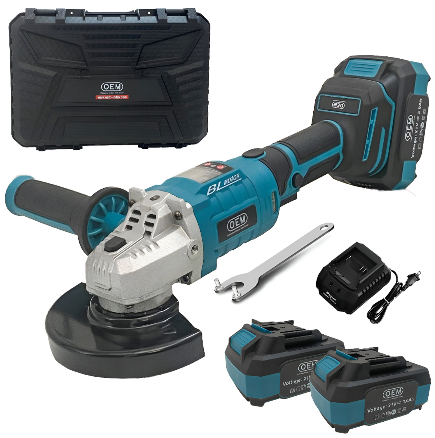 OEM 21V Cordless Angle Grinder, Brushless Motor, 8500 RPM, 100mm (4”) Disc, 2 x 3000mAh Li-ion Batteries with Fast Charger, Heavy-Duty Cutting & Grinding Tool, 6 Months Warranty