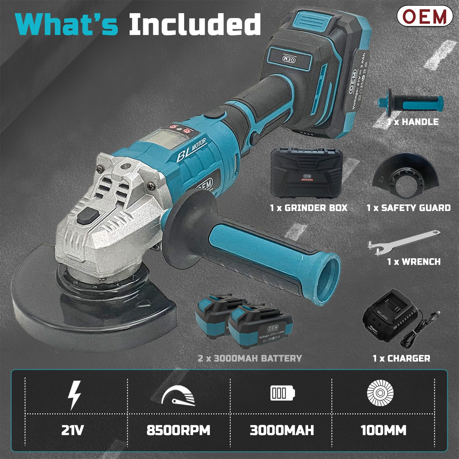 OEM 21V Cordless Angle Grinder, Brushless Motor, 8500 RPM, 100mm (4”) Disc, 2 x 3000mAh Li-ion Batteries with Fast Charger, Heavy-Duty Cutting & Grinding Tool, 6 Months Warranty - Image 10